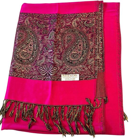 Pashmina Women's Wrap Shawl Scarf 70% Pashmina 30% Silk Magenta Paisley - Picture 1 of 11